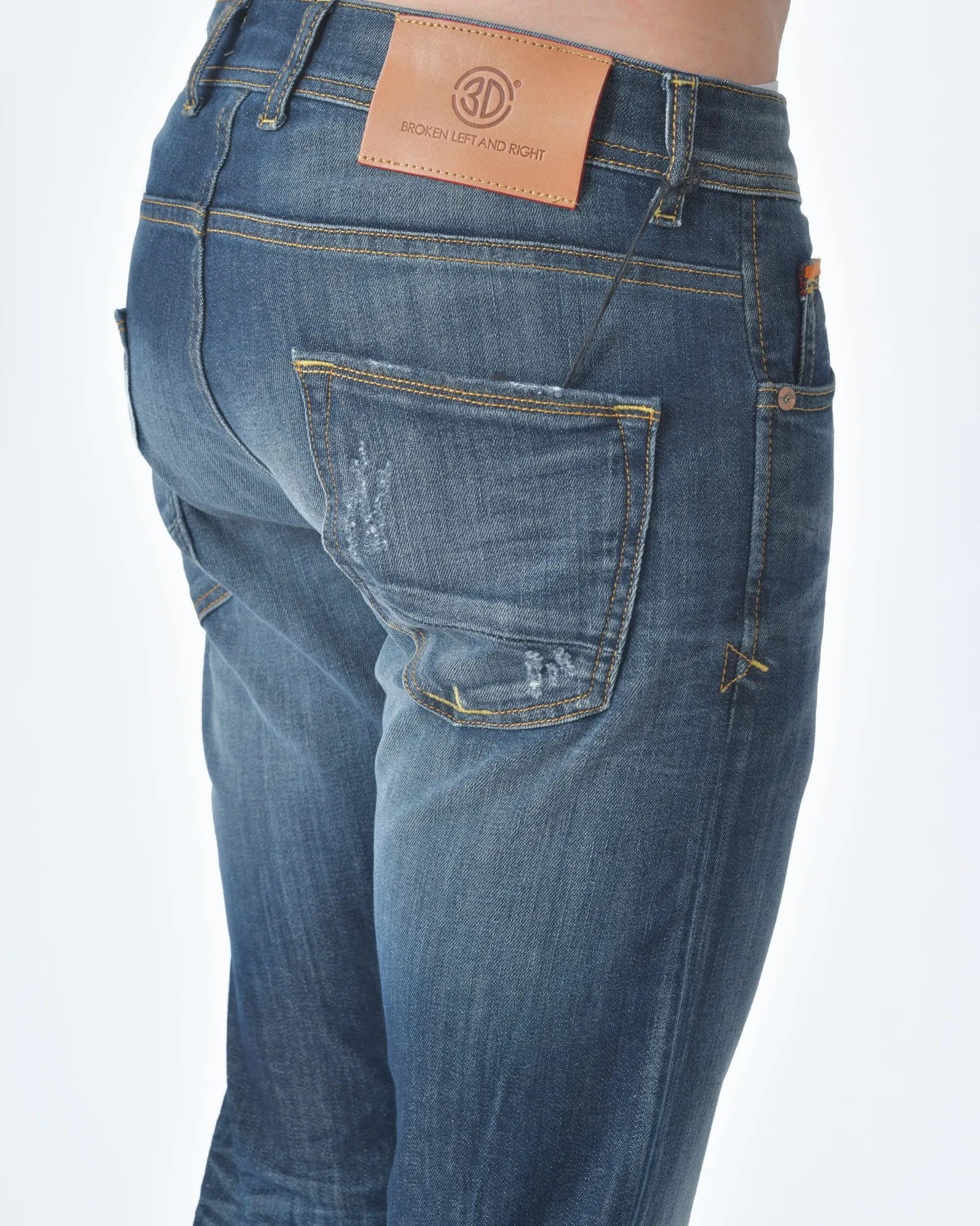 Jean denim délavé détail bordure de poche orange 3D