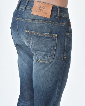 Jean denim délavé détail bordure de poche orange 3D