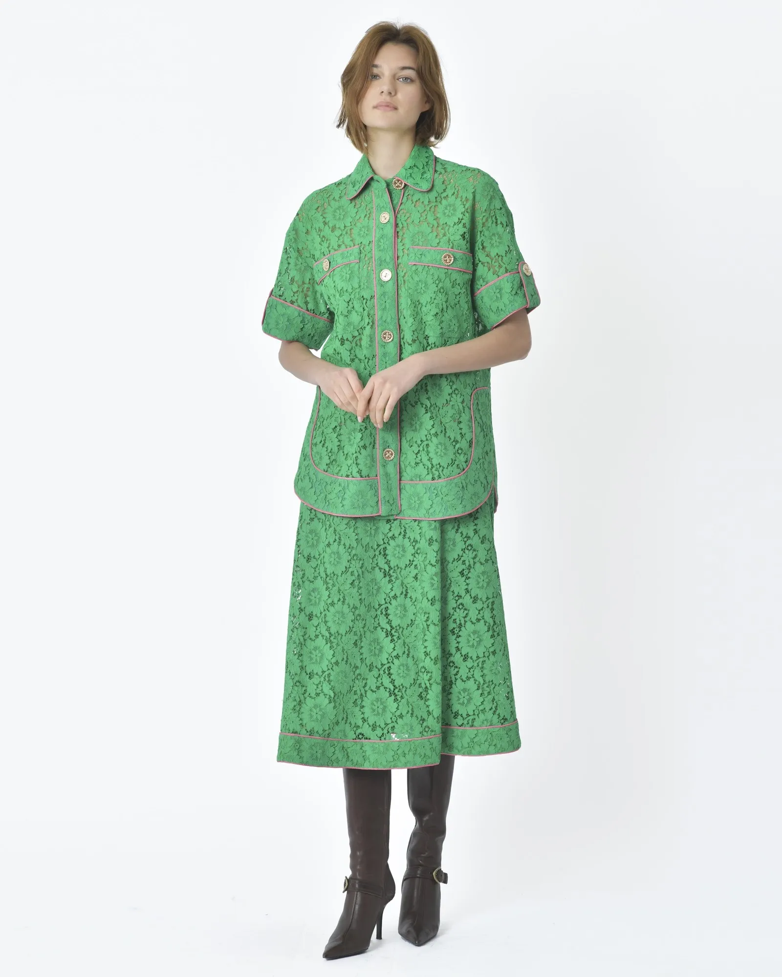 Chemisier d'ensemble ajourée verte et rose Edward Achour 