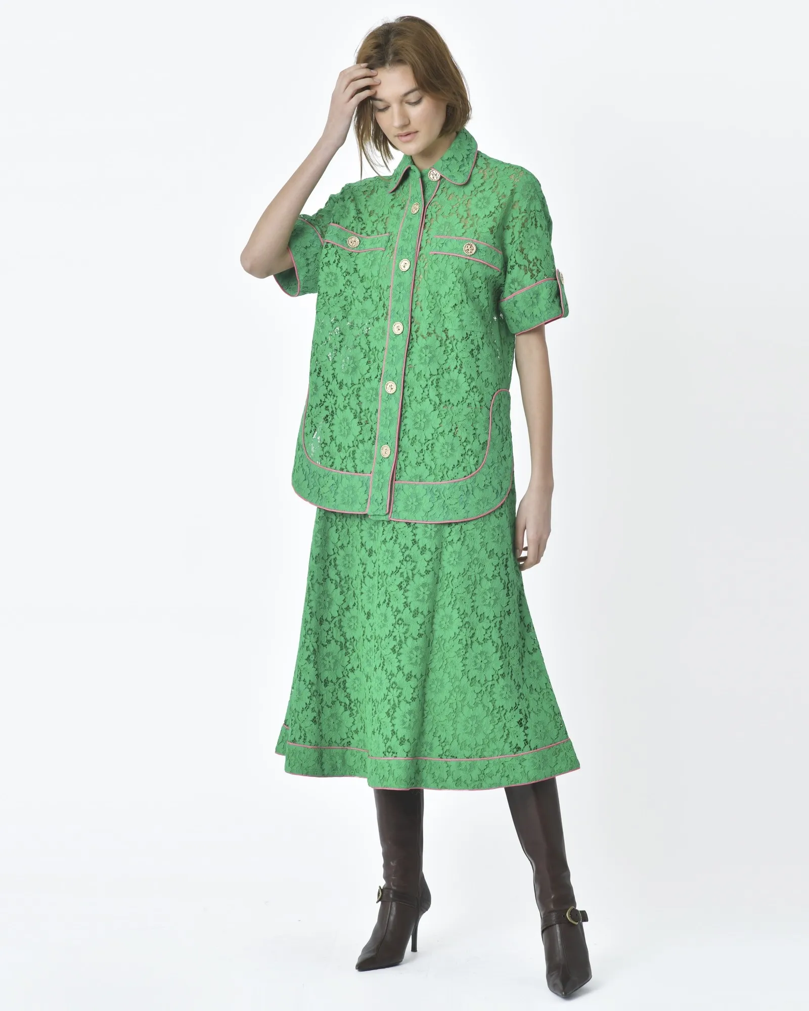 Jupe d'ensemble ajourée vert et rose Edward Achour