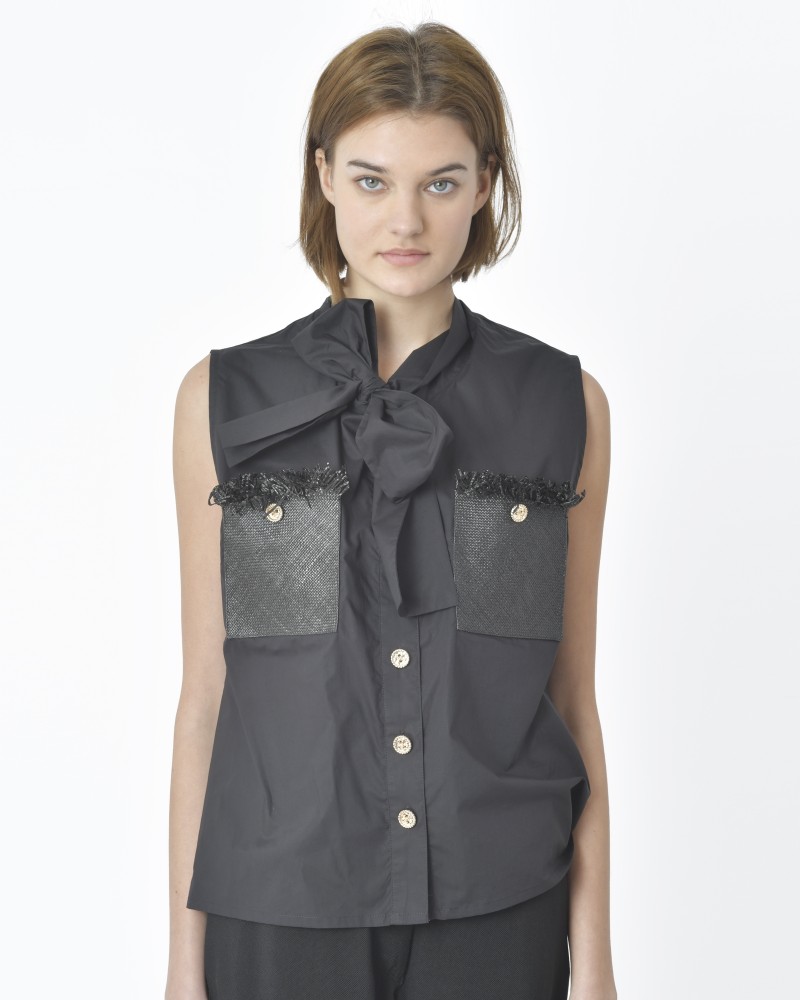 Chemisier sans manches noir col lavallière Edward Achour