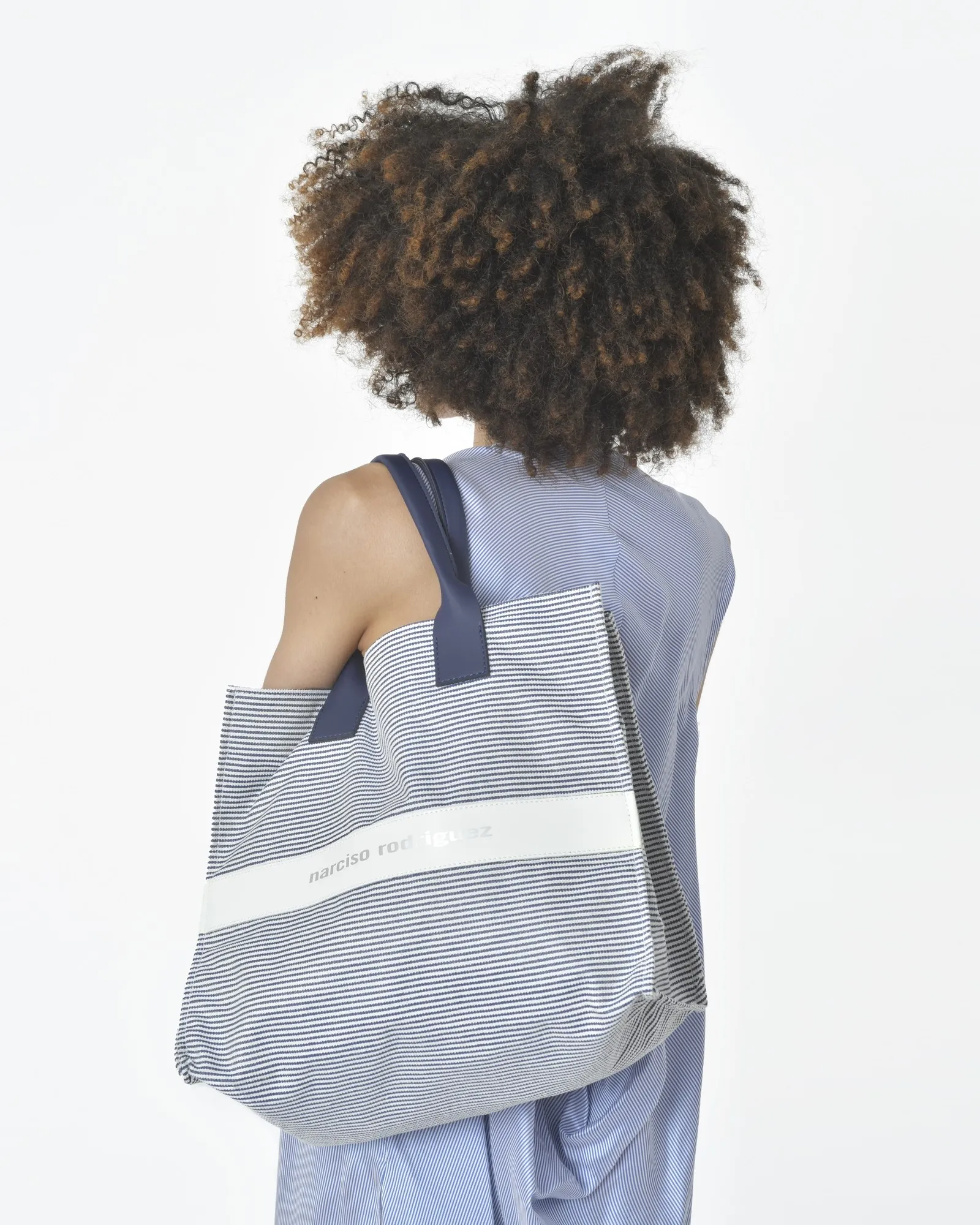 Tote bag fines rayures bleues blanc Narciso Rodriguez