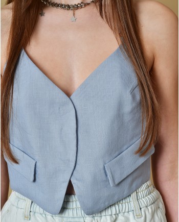 Gilet en lin bleu dos nu Tela
