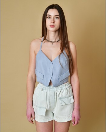 Gilet en lin bleu dos nu Tela
