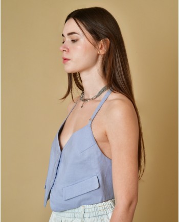 Gilet en lin bleu dos nu Tela