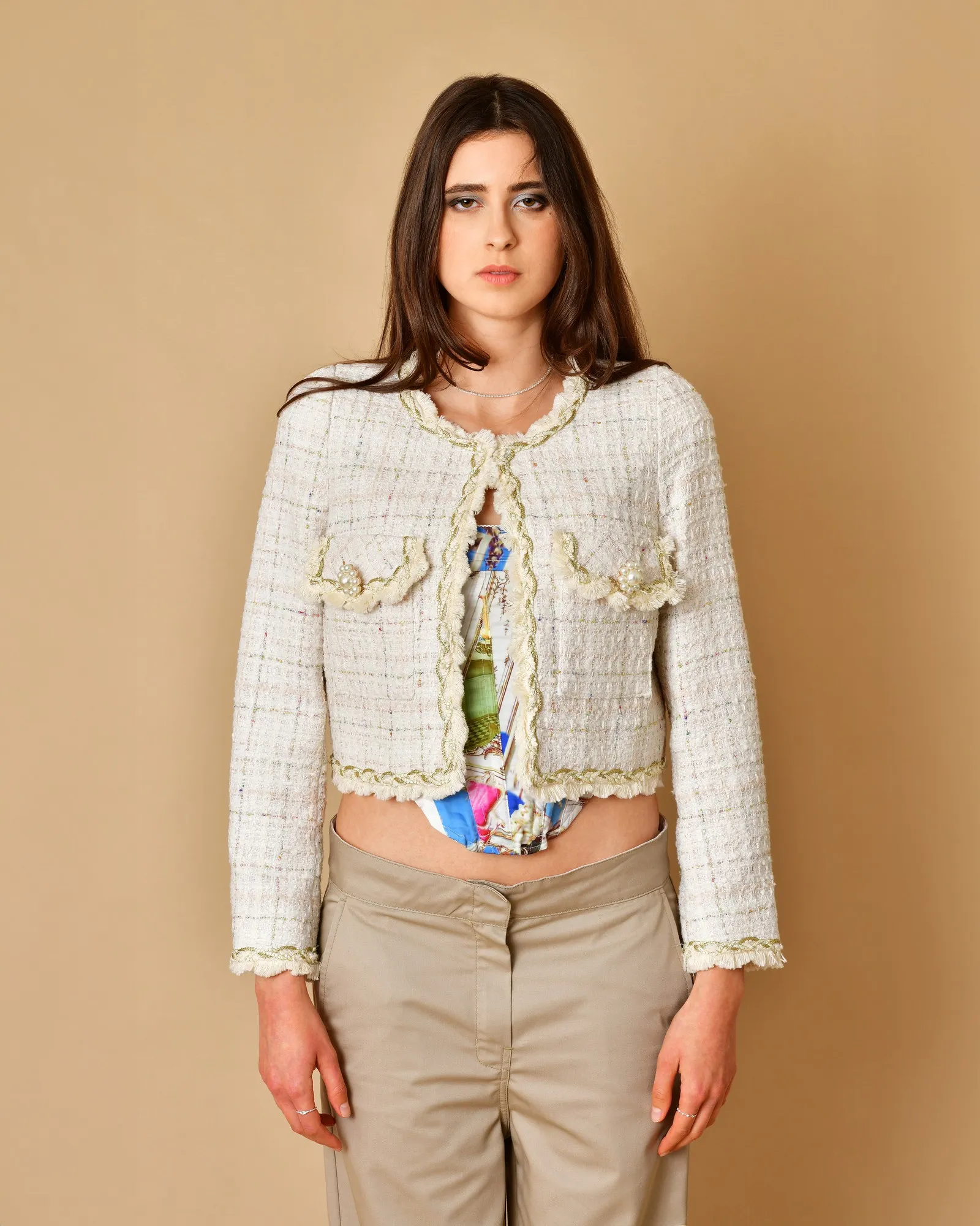 Veste en tweed beige aux fils dorés Edward Achour