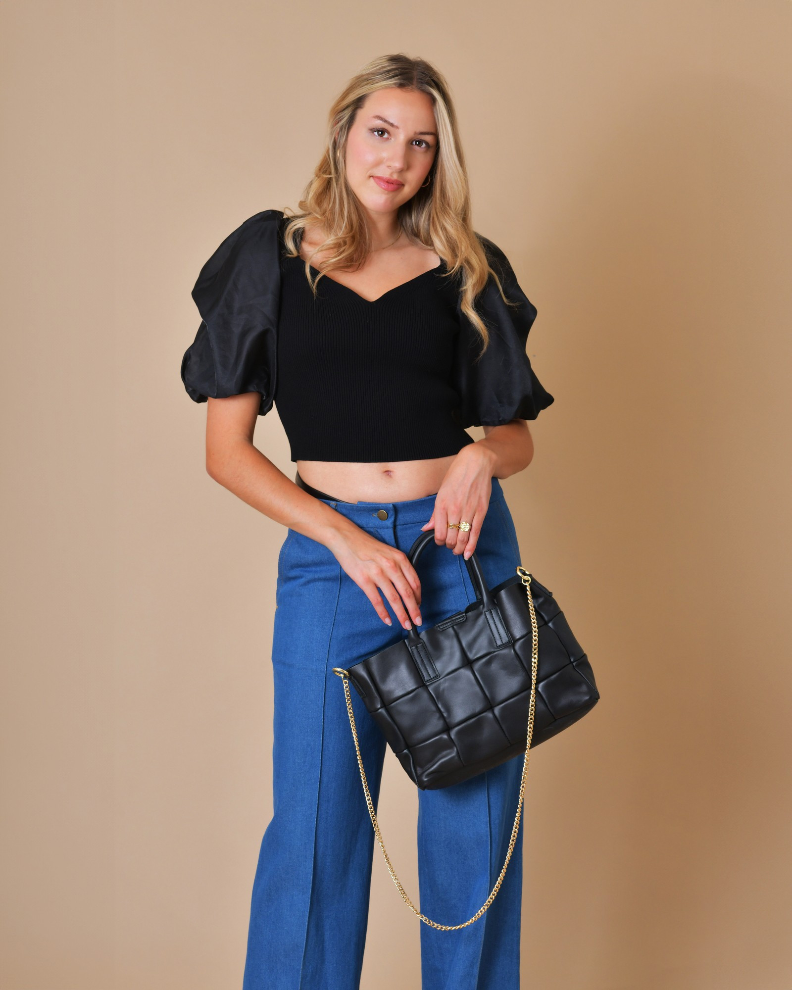 Sac à main en cuir lisse noir matelassé Falorni 