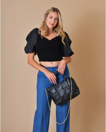 Sac à main en cuir lisse noir matelassé Falorni 