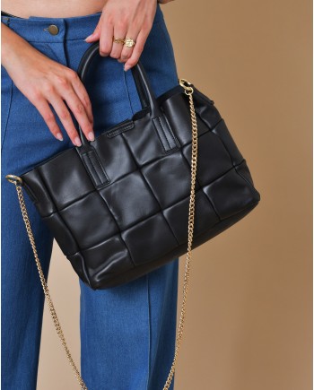 Sac à main en cuir lisse noir matelassé Falorni 