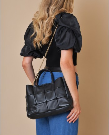 Sac à main en cuir lisse noir matelassé Falorni 