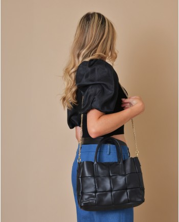 Sac à main en cuir lisse noir matelassé Falorni 