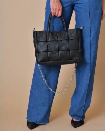 Sac à main en cuir texturé noir matelassé Falorni 