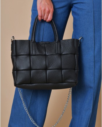 Sac à main en cuir texturé noir matelassé Falorni 