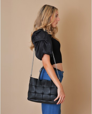 Sac à main en cuir texturé noir matelassé Falorni 