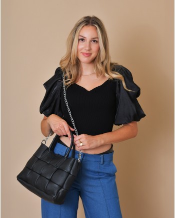 Sac à main en cuir texturé noir matelassé Falorni 
