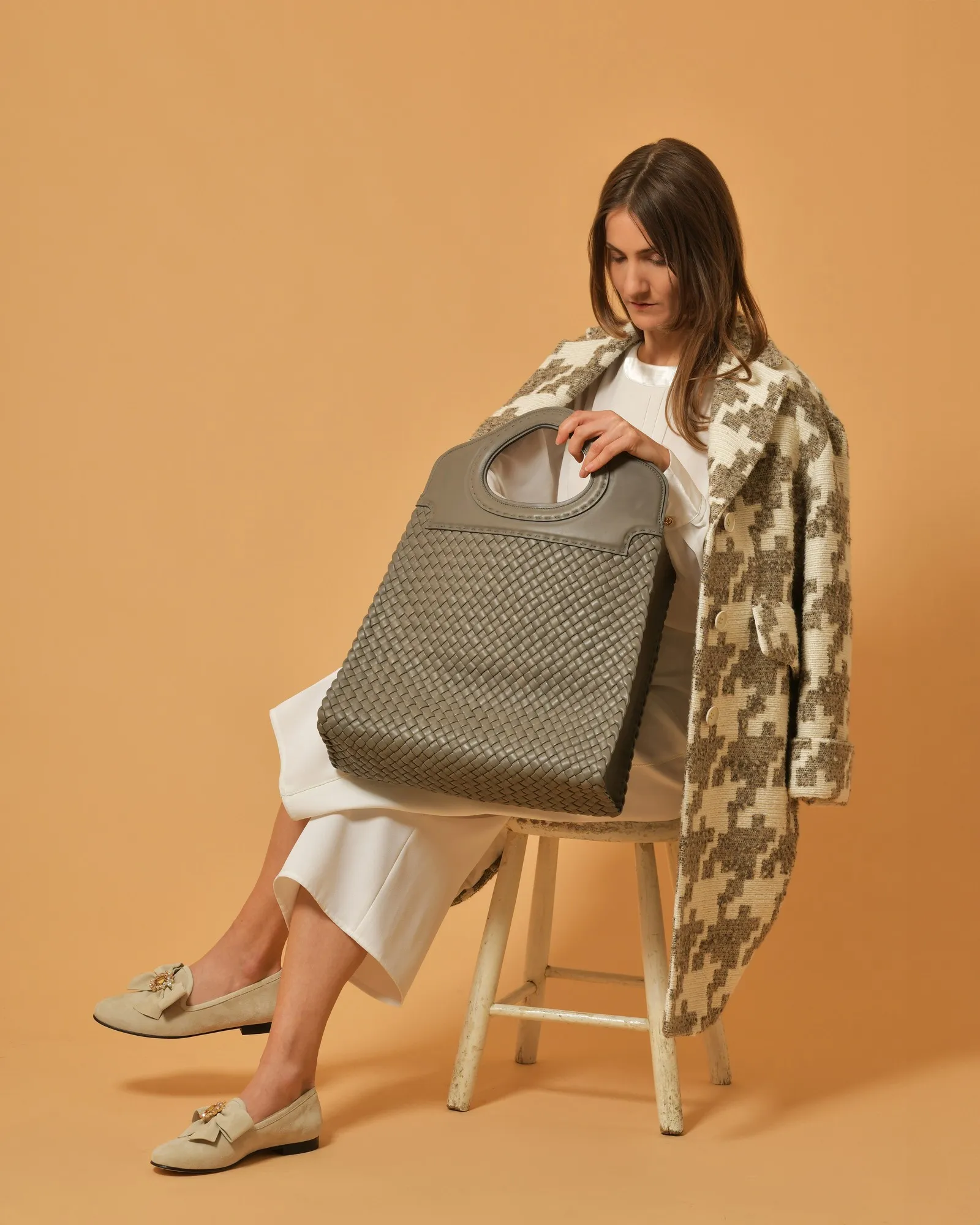 Sac en cuir tressé gris Falorni