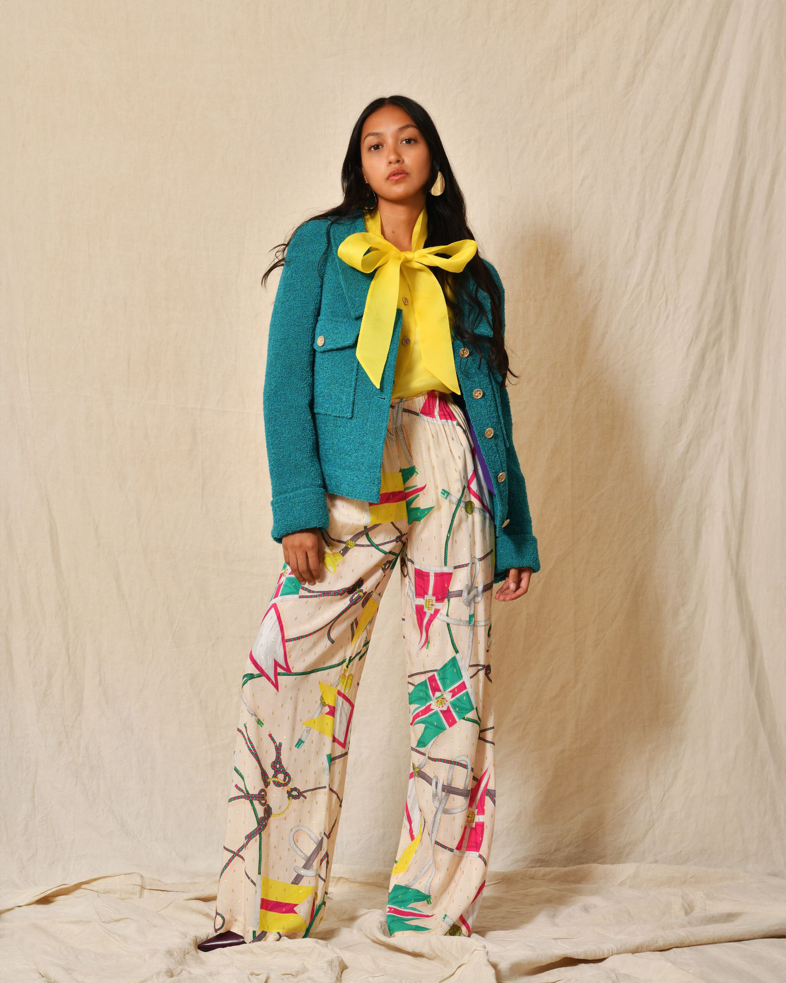 Pantalon beige à imprimés multicolores Edward Achour