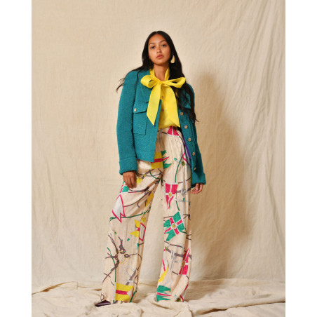 Pantalon beige à imprimés multicolores Edward Achour