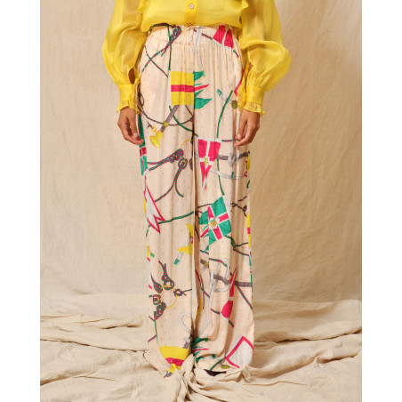 Pantalon beige à imprimés multicolores Edward Achour