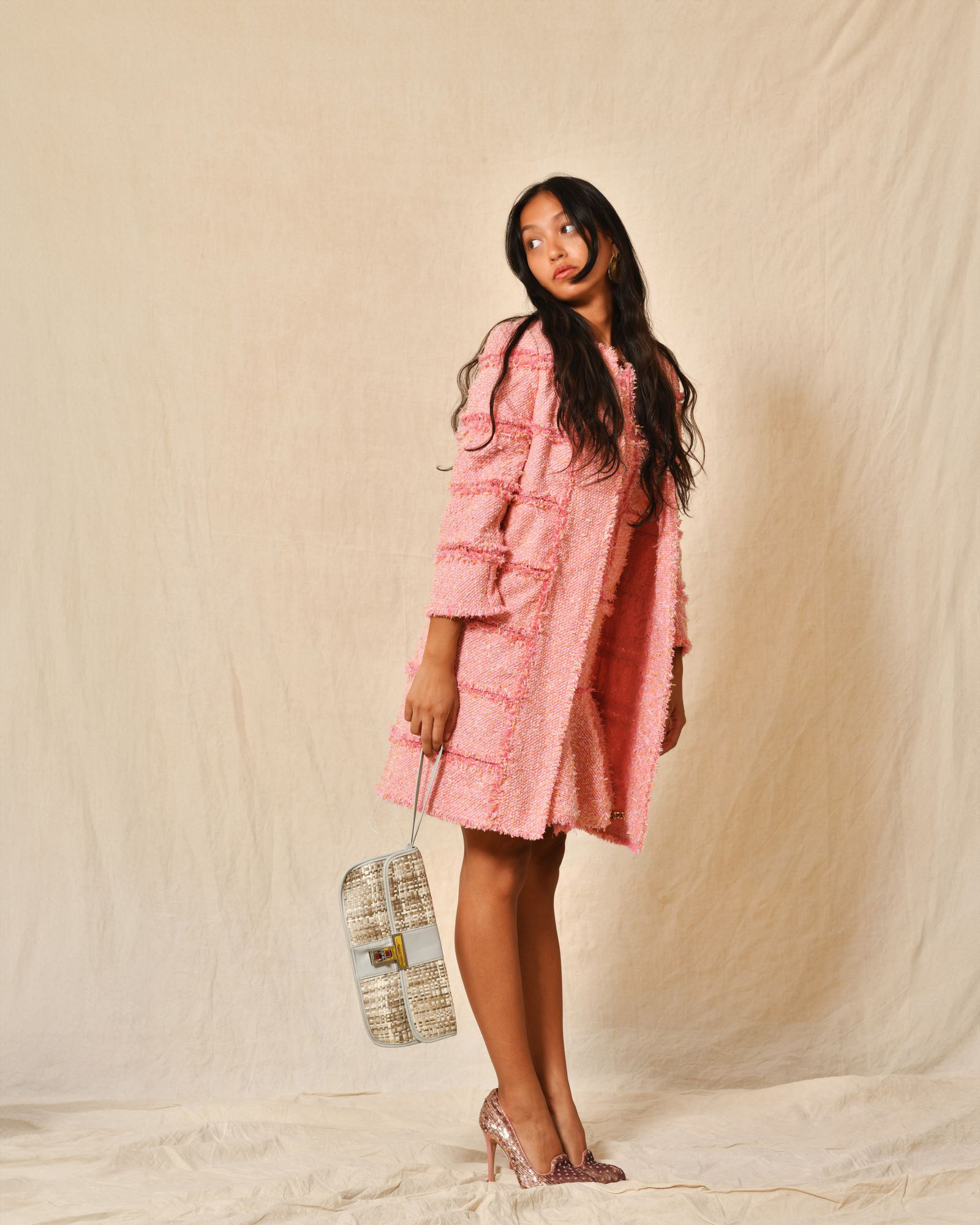 Manteau en tweed et dentelle rose Edward Achour