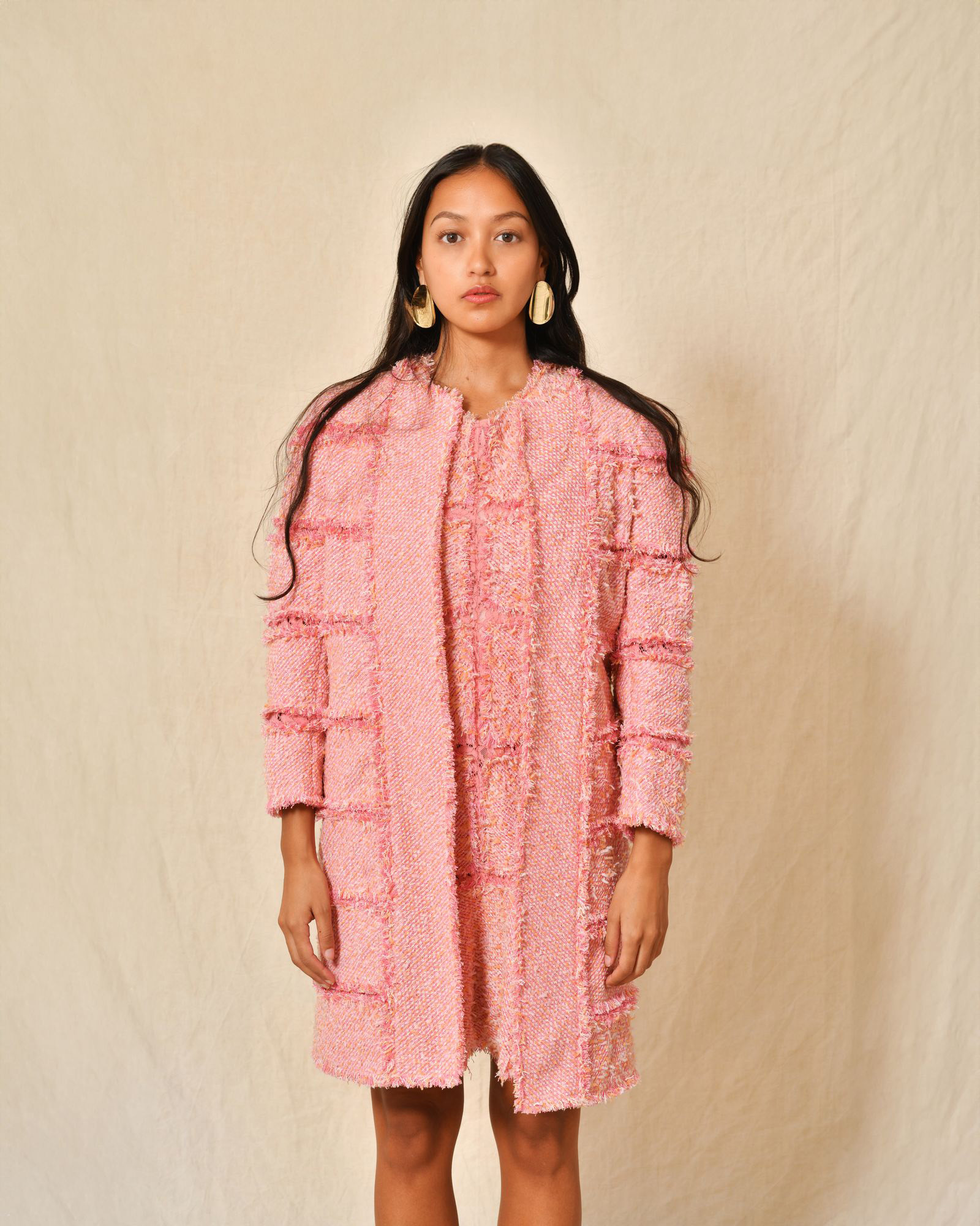 Manteau en tweed et dentelle rose Edward Achour