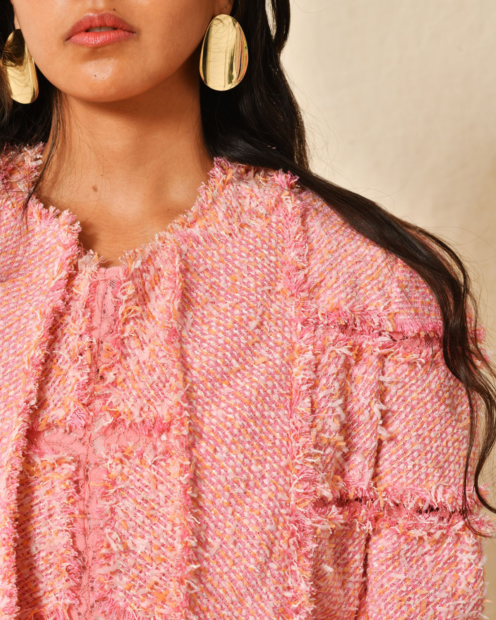 Manteau en tweed et dentelle rose Edward Achour