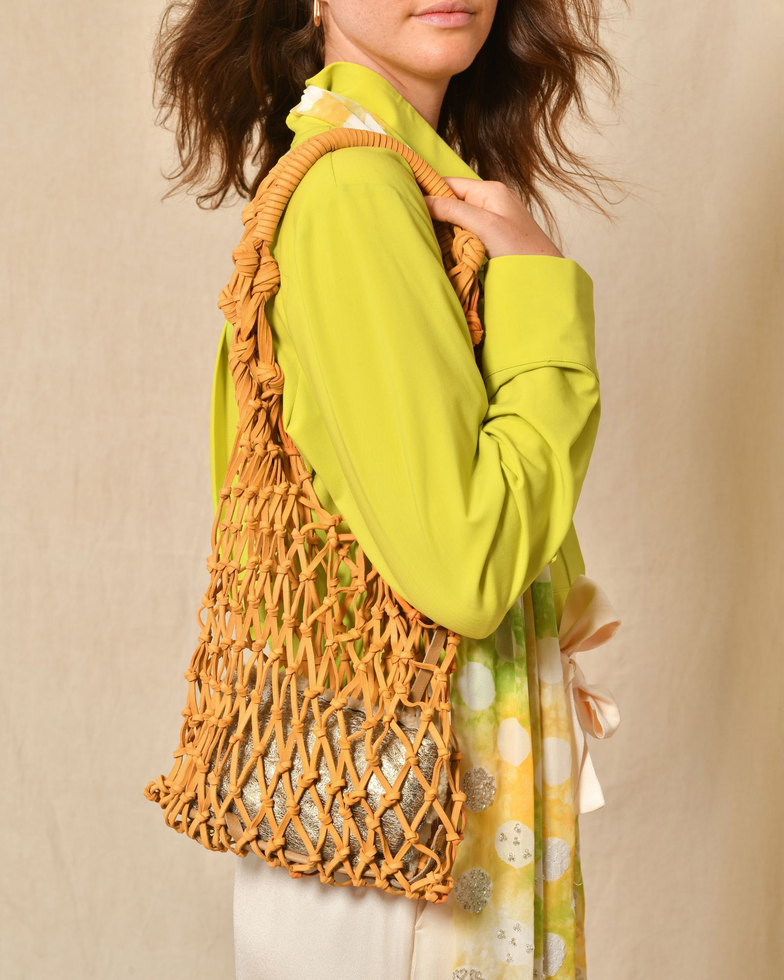 Sac porté épaule macramé tressé orange Falorni