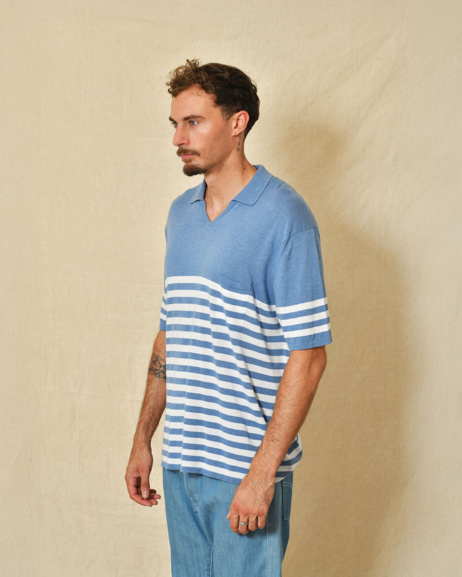 Pull style polo en coton bleu à rayures Canali