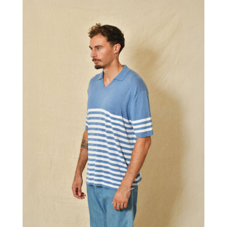 Pull style polo en coton bleu à rayures Canali
