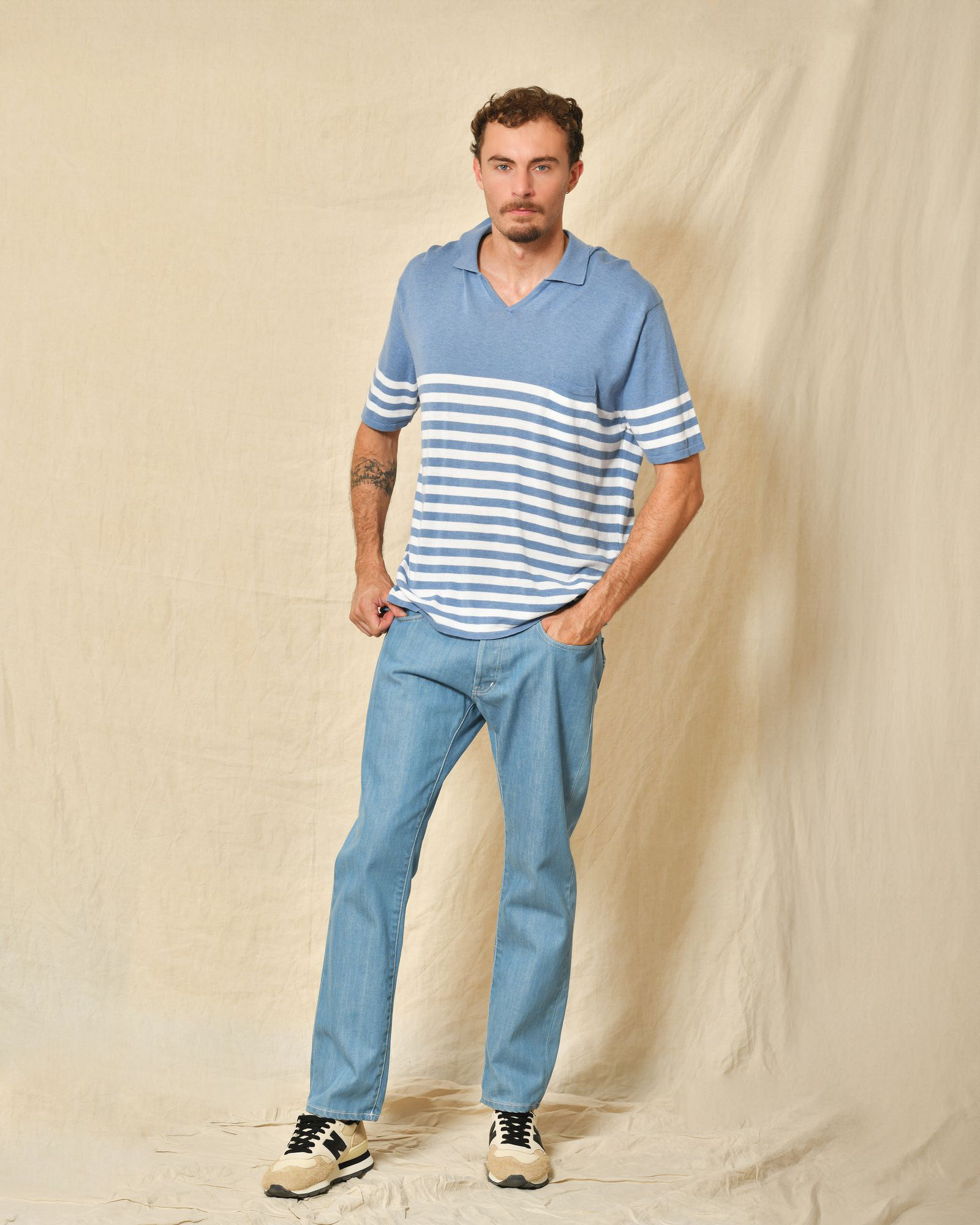 Pull style polo en coton bleu à rayures Canali