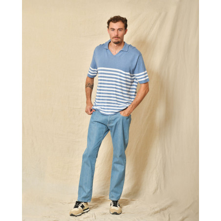 Pull style polo en coton bleu à rayures Canali