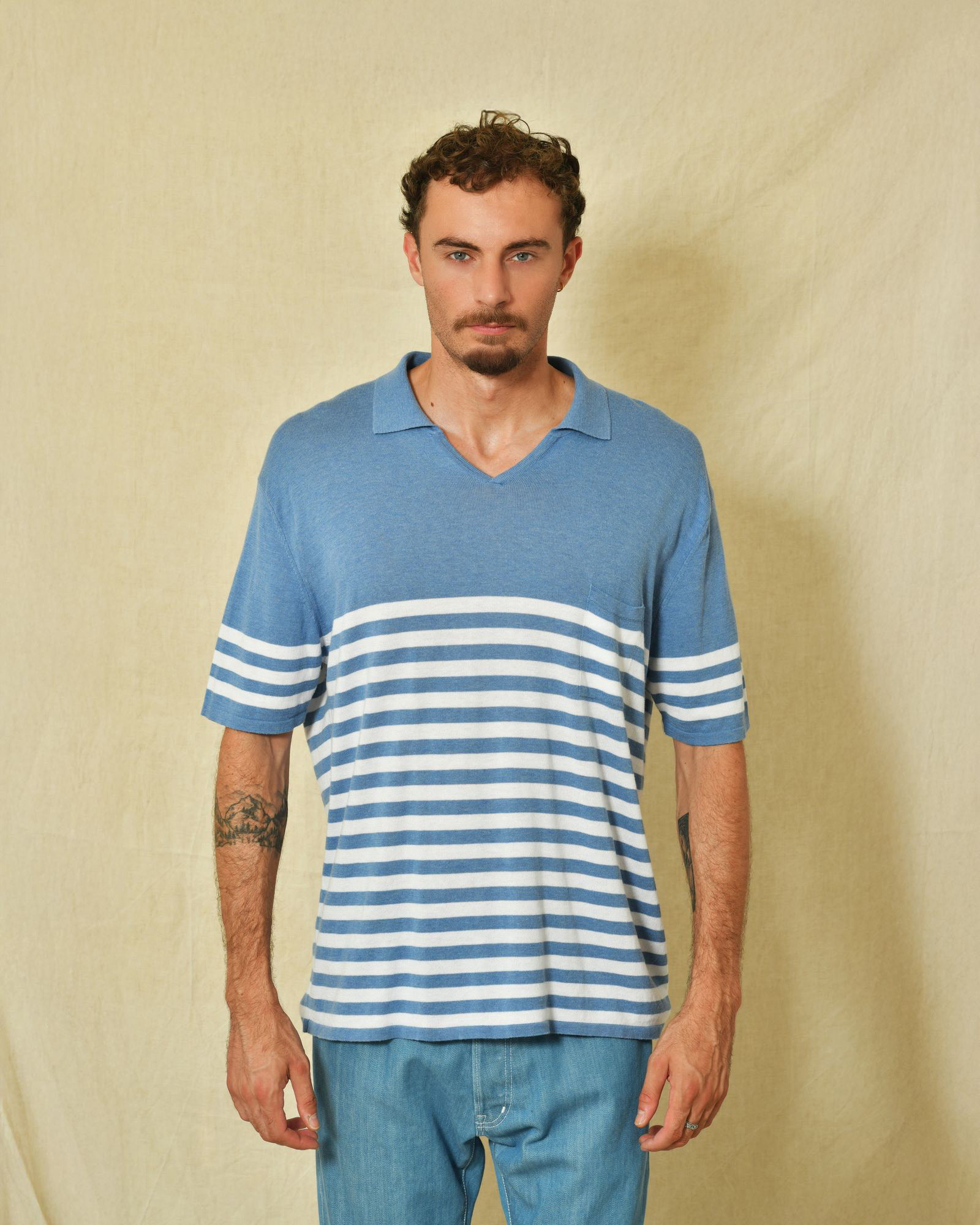 Pull style polo en coton bleu à rayures Canali