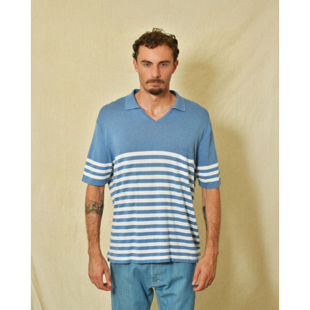 Pull style polo en coton bleu à rayures Canali