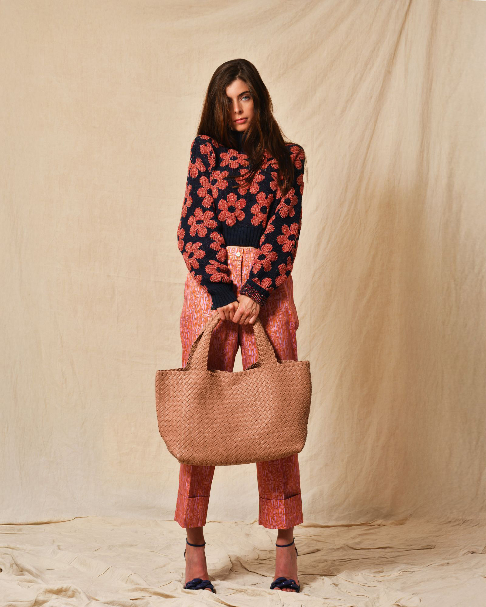 Sac porté épaule en cuir tressé rose Falorni