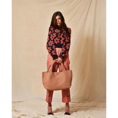 Sac porté épaule en cuir tressé rose Falorni