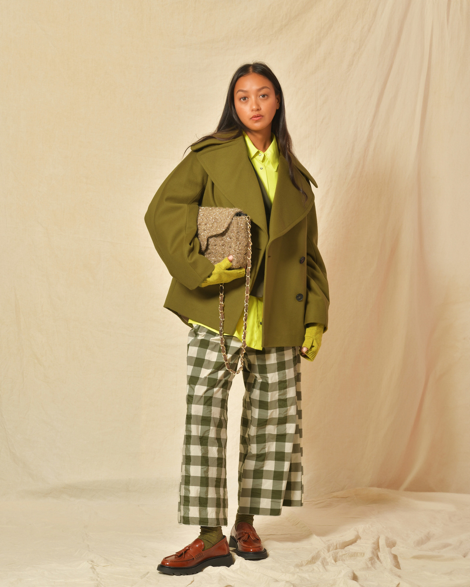 Pantalon en coton kaki à carreaux AVN