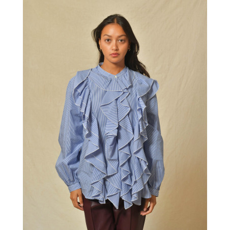 Chemisier à volants bleu et blanc Diega