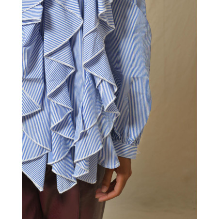 Chemisier à volants bleu et blanc Diega