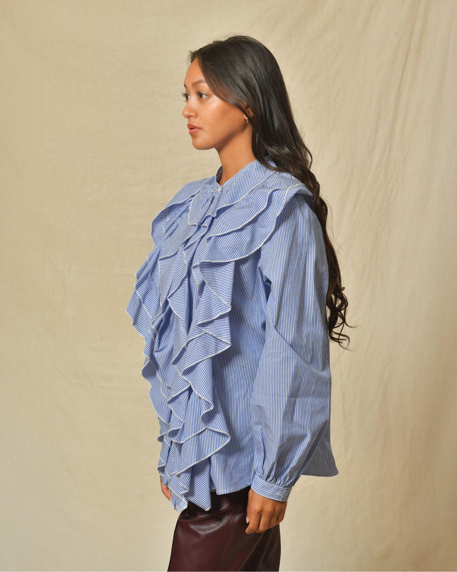 Chemisier à volants bleu et blanc Diega