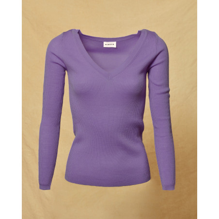 Pull en maille cotelée à col V violet P.A.R.O.S.H