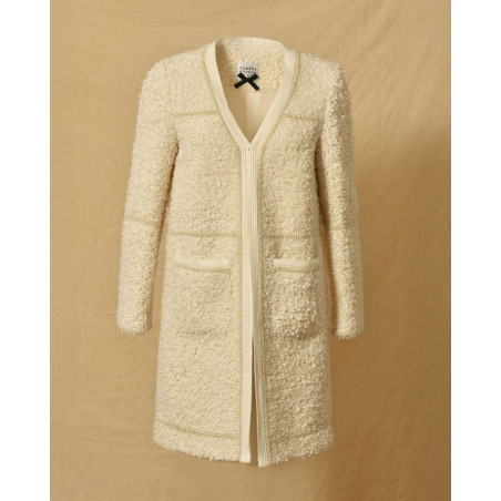 Veste longue en tweed écru et finitions perlées Edward Achour