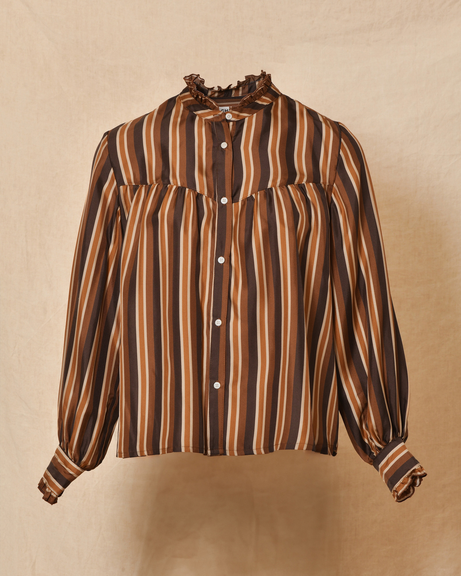 Blouse rayée boutonnée à col froncé camel Chloé Stora