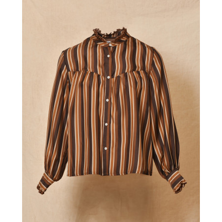 Blouse rayée boutonnée à col froncé camel Chloé Stora