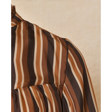 Blouse rayée boutonnée à col froncé camel Chloé Stora