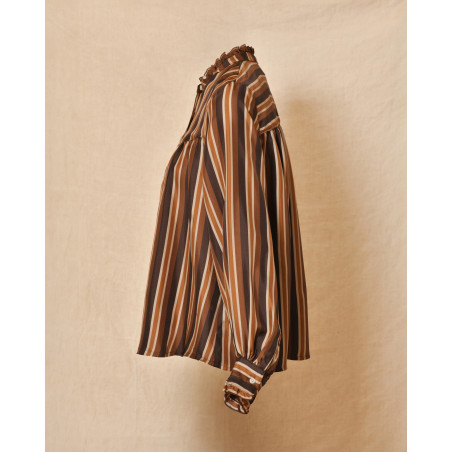Blouse rayée boutonnée à col froncé camel Chloé Stora