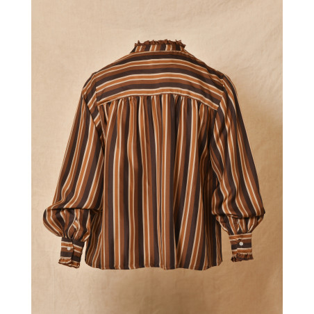 Blouse rayée boutonnée à col froncé camel Chloé Stora