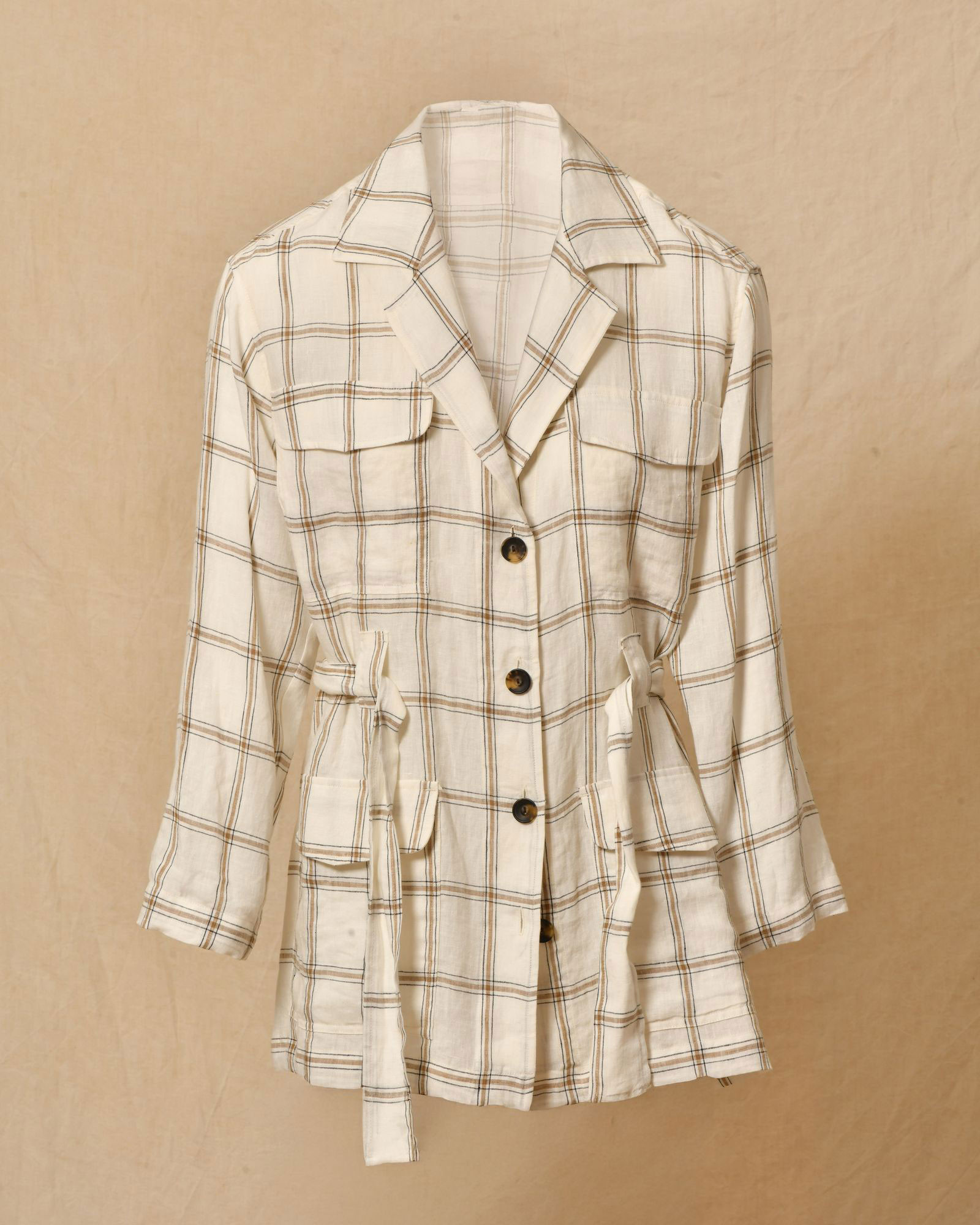 Veste à carreaux ceinturée en lin blanc Diega