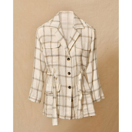 Veste à carreaux ceinturée en lin blanc Diega