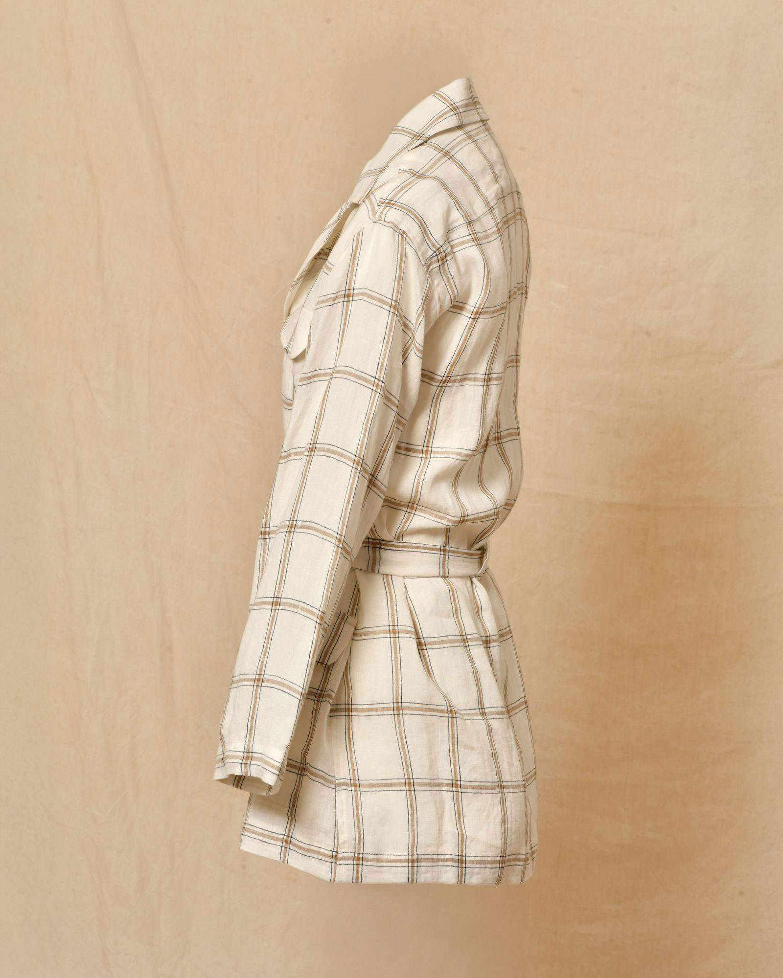 Veste à carreaux ceinturée en lin blanc Diega