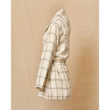 Veste à carreaux ceinturée en lin blanc Diega